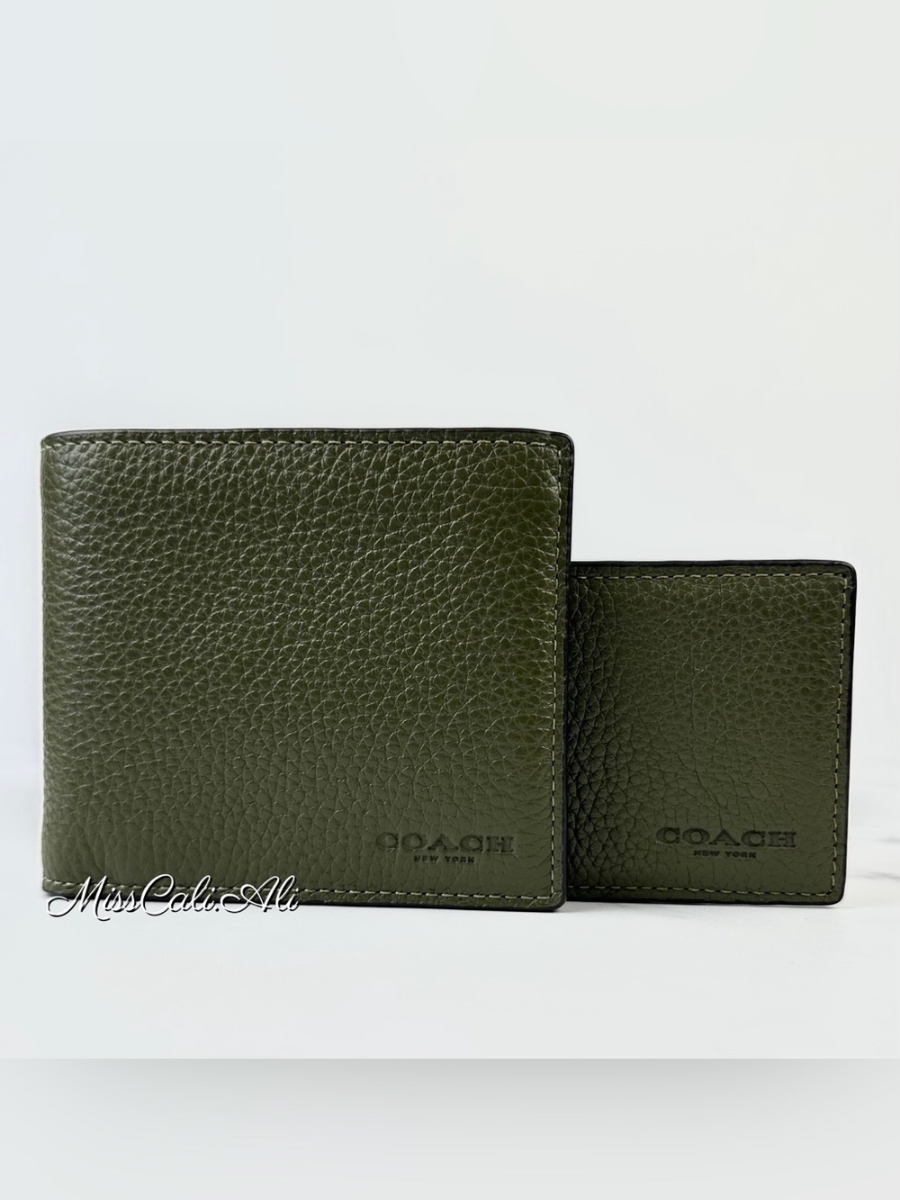 NWT COACH 3-in-1 Wallet Refined Pebble Leather Olive Silver